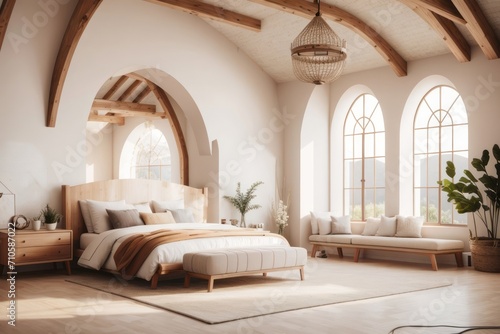 Bohemian farmhouse interior home design of modern bedroom with wooden bed and arched window