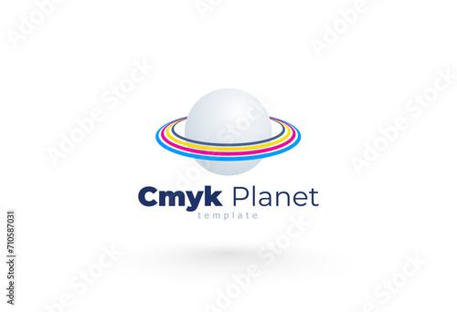 Logo Сmyk Polygraphy theme. Planet and rings. Template design vector. White background.