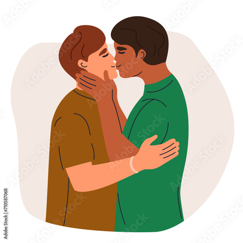 Male gay couple in love. Interracial homosexual couple. Love concept. Lgbtq people in romantic relationships.Two happy men hugging, kissing. Pride month. Men embrace each other. Vector illustration.