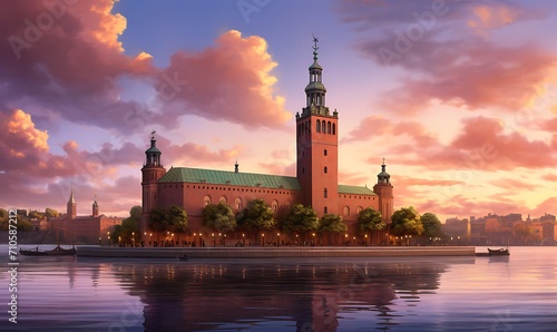 Stockholm city hall, but built in the medeival style, Photorealism, extreme detail, dusk, pink skies. Generative Ai