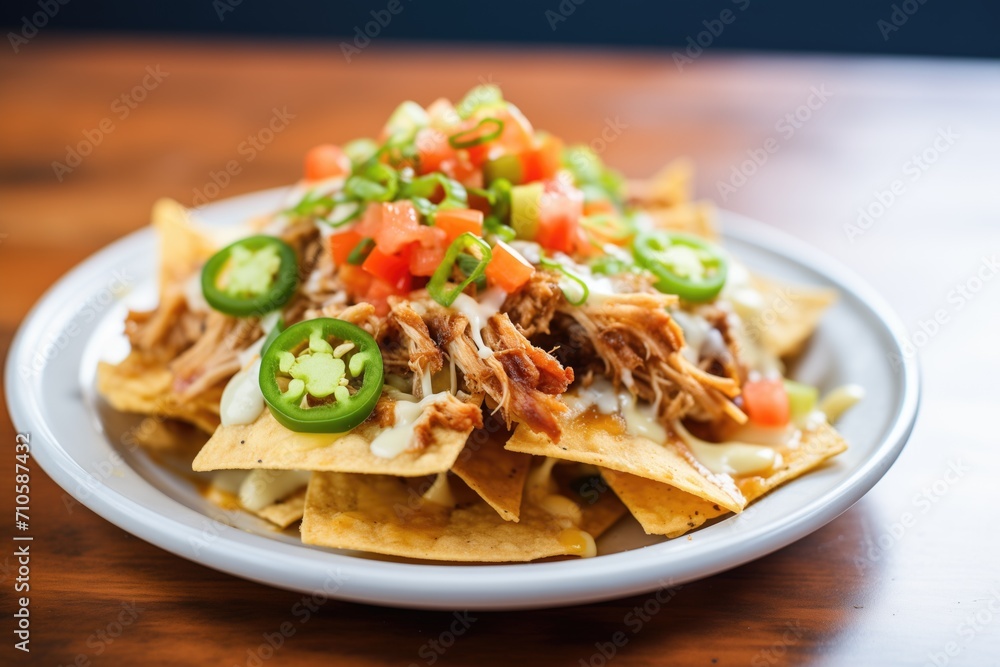 close-up of nachos topped with pulled pork close-up of nachos topped with pulled pork