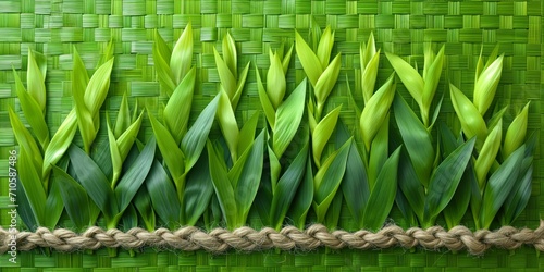 Green leaves emerging from woven background with twine