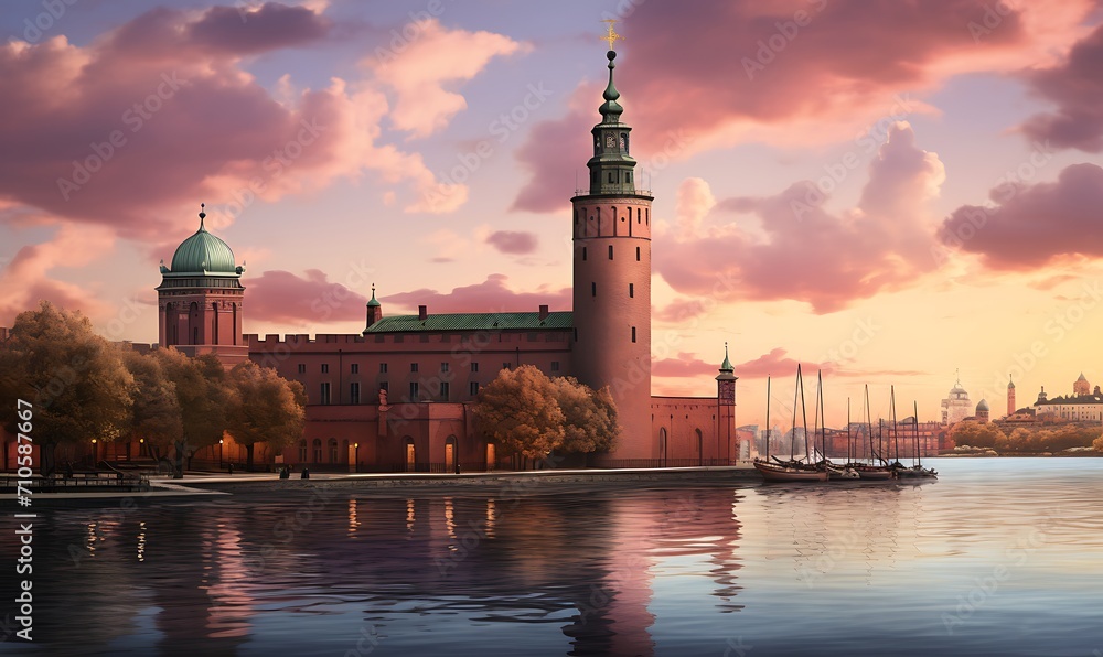 Stockholm city hall, but built in the medeival style, Photorealism, extreme detail, dusk, pink skies. Generative Ai

