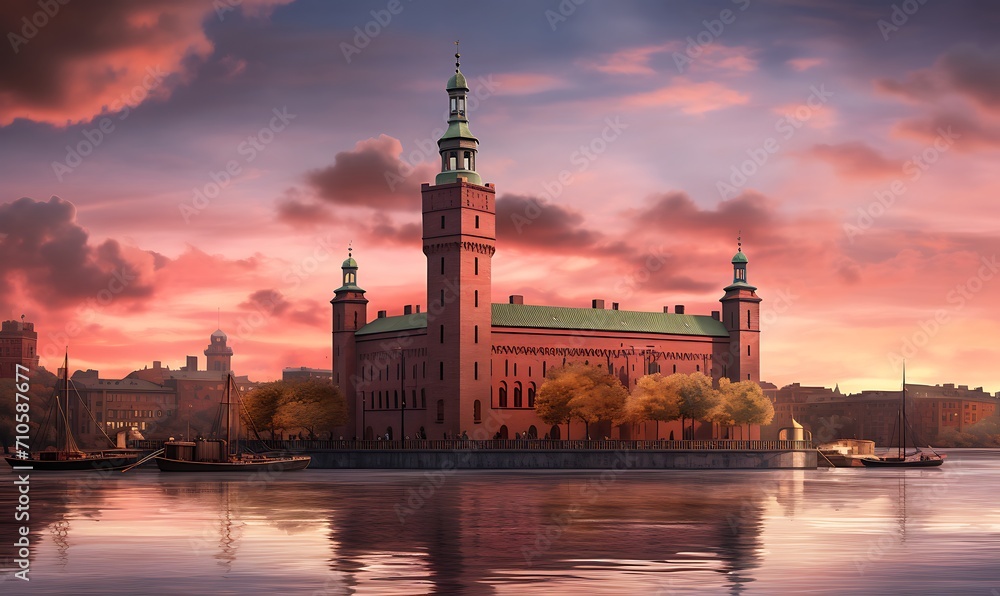 Stockholm city hall, but built in the medeival style, Photorealism, extreme detail, dusk, pink skies. Generative Ai

