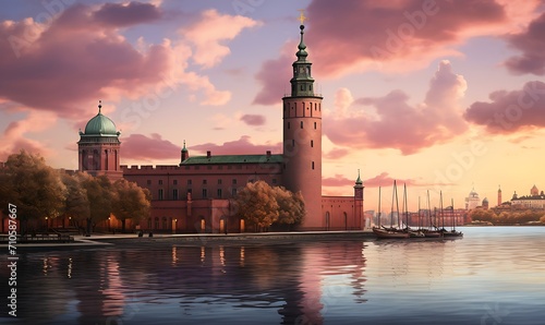 Stockholm city hall, but built in the medeival style, Photorealism, extreme detail, dusk, pink skies. Generative Ai