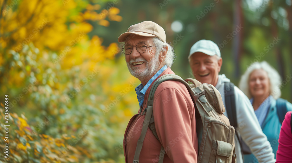 Happy elderly man enjoining hiking with his friends at park. Senior people doing outdoor activity.