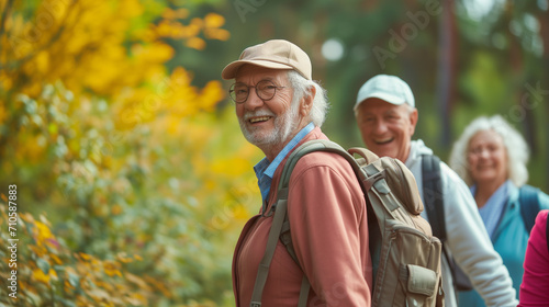 Happy elderly man enjoining hiking with his friends at park. Senior people doing outdoor activity.