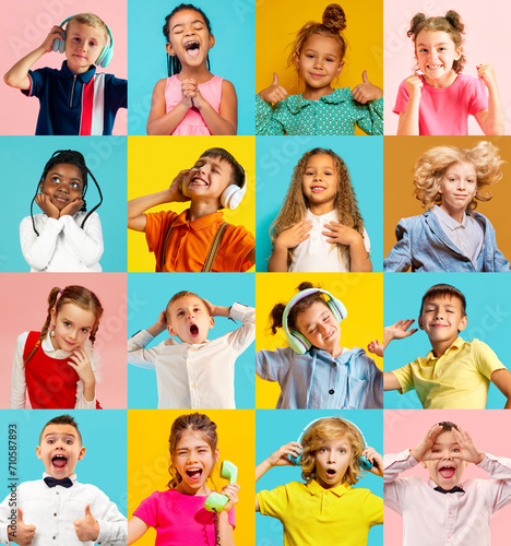 Collage. Emotional little boys and girls, children expressing positive emotions, listening to music, laughing, having fun over multicolored background. Concept of childhood, emotions, lifestyle
