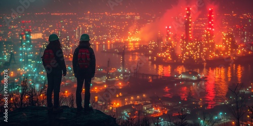 Two people overlooking a glowing industrial harbor at night