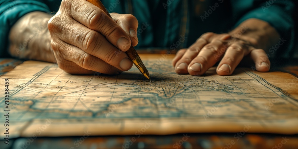 Obraz na płótnie Senior hands writing on an ancient map with a fountain pen w salonie