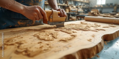 Artisan woodworker handcrafting detailed wooden map in carpentry workshop photo