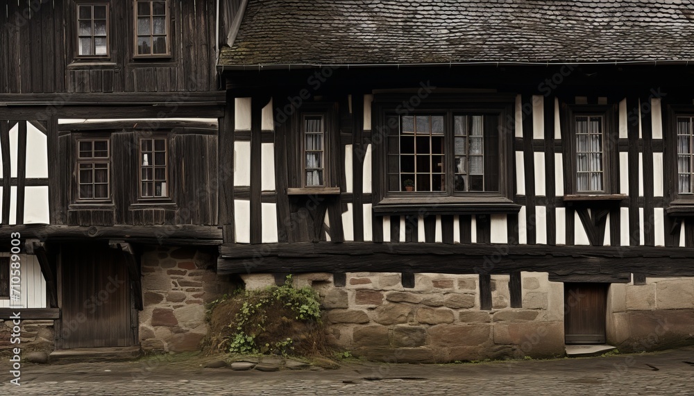 Close up of stunningly preserved old medieval architecture windows and picturesque homes Close up of stunningly preserved old medieval architecture windows and picturesque homes