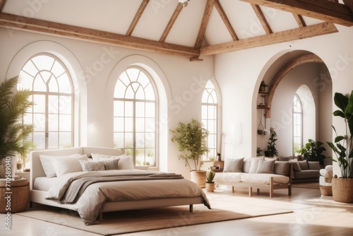 Bohemian farmhouse interior home design of modern bedroom with wooden bed and arched window