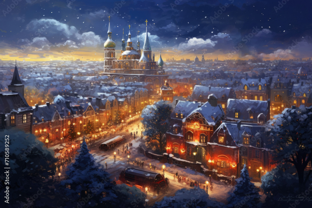 snowy european city in the evening