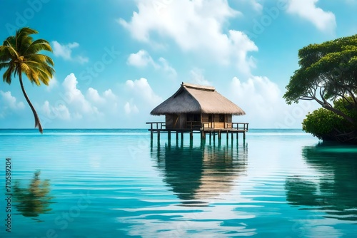 A solitary overwater bungalow, its thatched roof glinting in the sunlight, against the backdrop of a serene, azure sea. The reflection dances on the tranquil water, creating a mesmerizing scene.