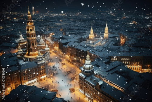 snowy winter christmas city with stars in the sky, lights in the windows