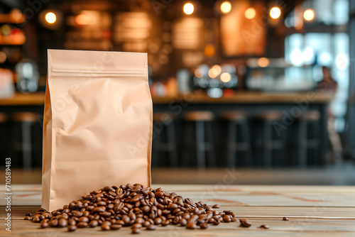 Blank brown paper bag with coffee beans on blurred coffee shop background