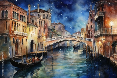 Nighttime watercolor of Venice with canals, gondolas, and bridge. Generative AI