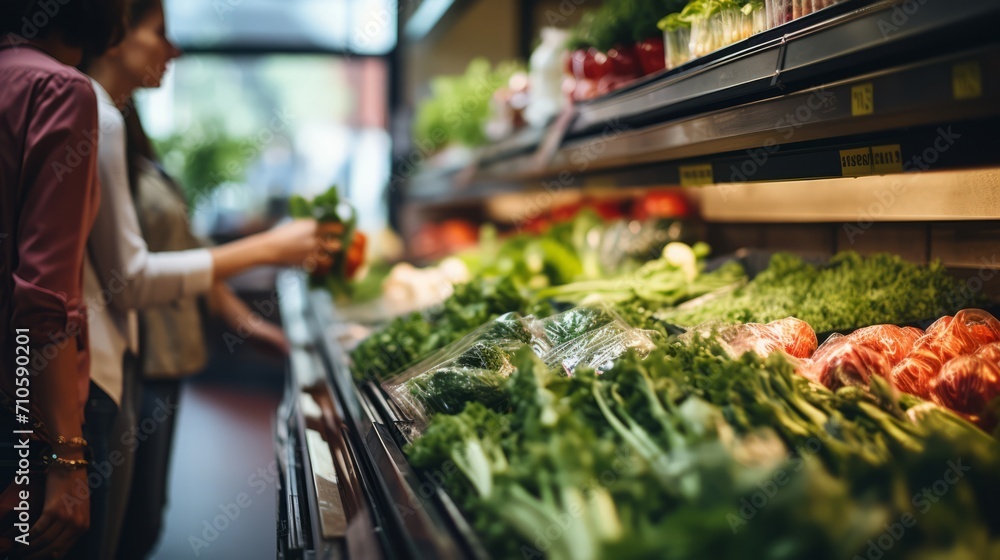 Obraz premium Young female customers in supermarket choose greens. Grocery shopping, shot from the side of the counter. Horizontal banking for web. Photo AI Generated