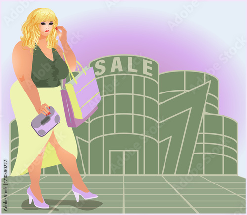 Plus size shopping woman XXL, vector illustration