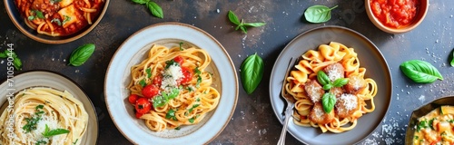 a group of dishes with pasta on it