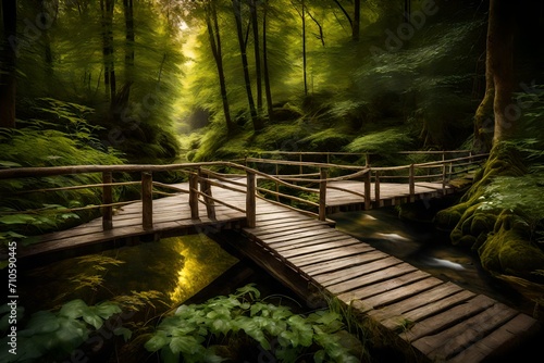 A wooden bridge spanning a crystal-clear stream surrounded by dense foliage in the heart of Bavaria.