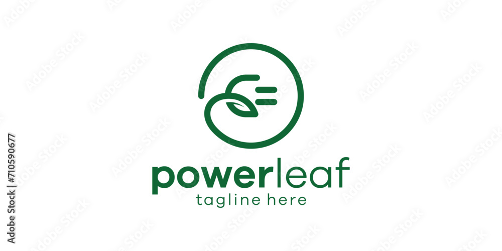 The logo design combines the shape of a plug with a leaf, a green power logo design.