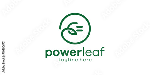 The logo design combines the shape of a plug with a leaf, a green power logo design.