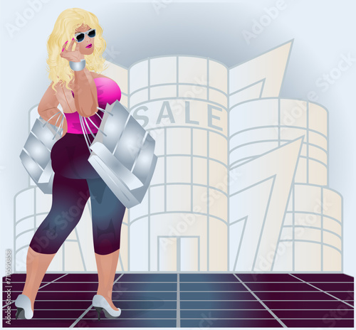 Plus size woman XXL with sunglasses and shopping bag, vector illustration