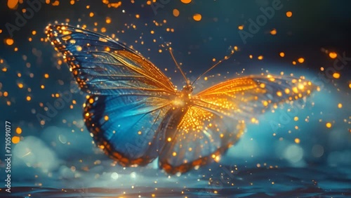 Glowing butterfly with magical sparkles moving around. The luminous butterfly flies through a neon garden with magic light. Compound background, graphic animation. 3D Animation 4K Seamless Loop. neon  photo