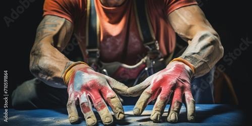 A close-up of a climber chalking up their hands before a climb, with ropes and climbing gear in the background created with Generative Ai © Andrii Yablonskyi