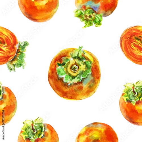 Pattern of persimmon orange fruit with leaves. Watercolor hand-drawn elements. Isolated on white background. Delicious fruit clip-art illustration. Used on labels, napkins, towels, tableware, package