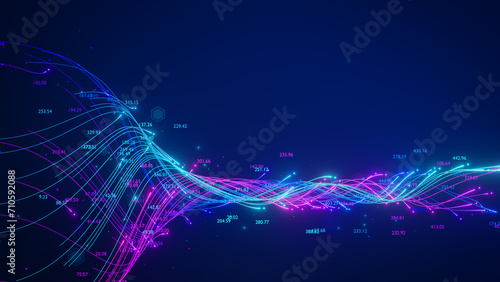 Big data analytics AI technology. Neural network and artificial intelligence analyzing complex information. Data flow and pipeline for automated business analytics illustration. High speed internet. photo