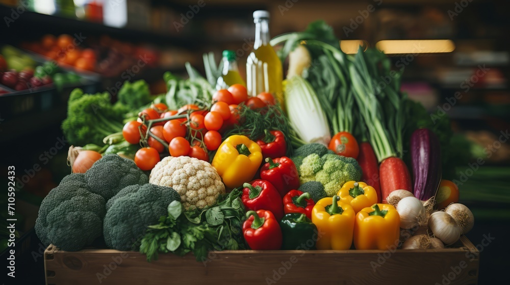 Fresh vegetables, groceries in box in a grocery store: broccoli, tomatoes, onions, herbs, peppers, cauliflower, oil, garlic. Close shot. Horizontal banking for web. Photo AI Generated