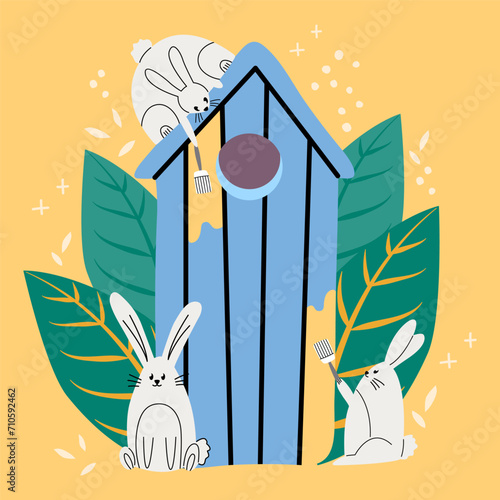 Easter composition with rabbits. Vector colorful illustration in hand drawn style.
