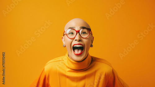 Young asian woman wearing glasses and orange sweater with red jacket over yellow background celebrating mad and amazed success for arms arms raised and closed eyes screaming excited © Synthetica