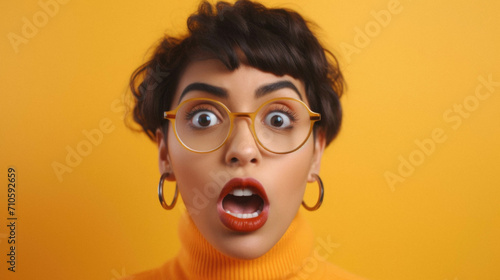 Surprised shocked surprised woman with glasses and mouth open mouth, surprised at camera, wow, wow © Synthetica