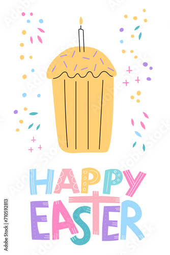 Vector gift card with kulich. Happy easter quote in simple style. Bright and lovely colors on white background