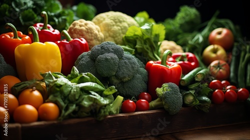 Fresh vegetables  fruits on counter in grocery store  broccoli  apples  tomatoes  onions  greens  peppers  cauliflower. Close-up view  dark background. Horizontal banking for web. Photo AI Generated