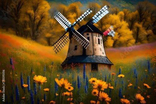 A timeless windmill harmonizing with a kaleidoscope of wildflowers, a mesmerizing symphony of color and motion. photo