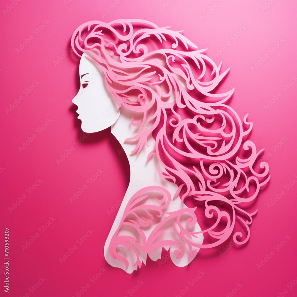 Woman face in paper cut out effect on pink isolated background - ai generative Woman face in paper cut out effect on pink isolated background - ai generative