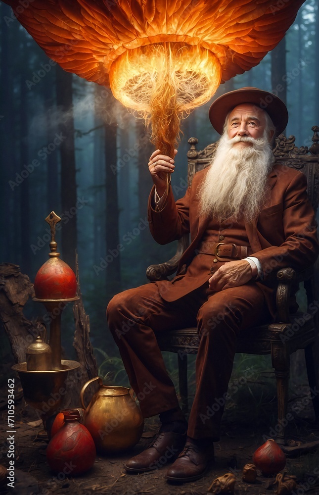 An elegant elderly gentleman, a representative of the Masonic group of occultists, sitting on a chair in the middle of a dark forest. He holds a burning lantern in his hand.Generative Ai illustration