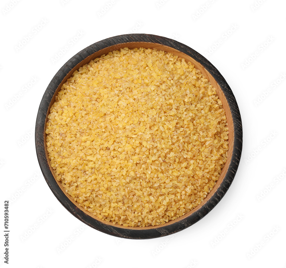 Bowl of raw bulgur isolated on white, top view Bowl of raw bulgur isolated on white, top view