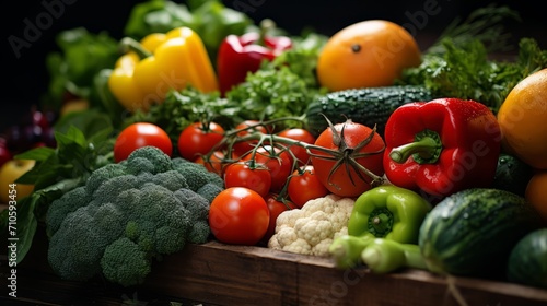 Fresh vegetables on counter at the fair  broccoli  tomatoes  onions  greens  peppers  cauliflower. Close-up on a dark background. Horizontal banking for web. Photo AI Generated