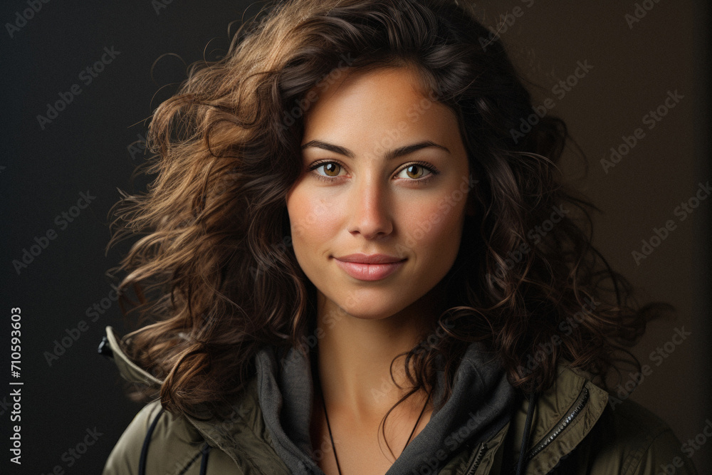 Close - up portrait of beautiful woman with curly brown hair. natural make - up. beauty model
