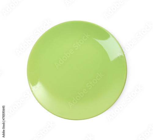 One light green ceramic plate isolated on white, top view