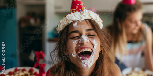 Lachendes Gesicht einer Frau mit Torte beschmiert photo