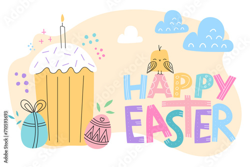 Vector gift card with kulich, eggs, and cute elements like bird and clouds. Happy easter quote in simple style. Bright and lovely colors on white background