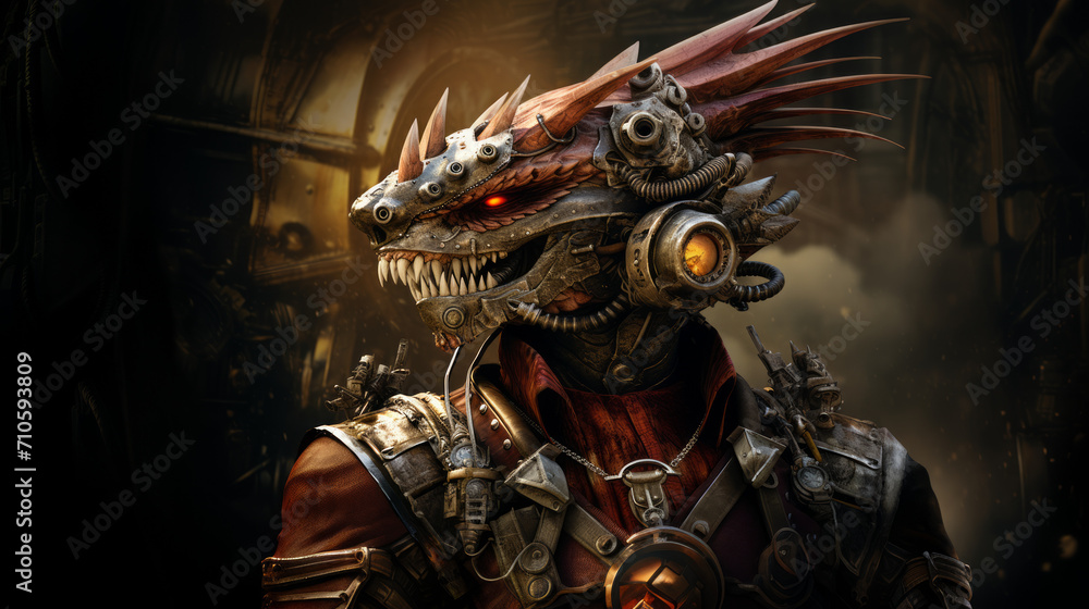 Dragon Warrior with dark military dress in cyberpunk style, halloween motive