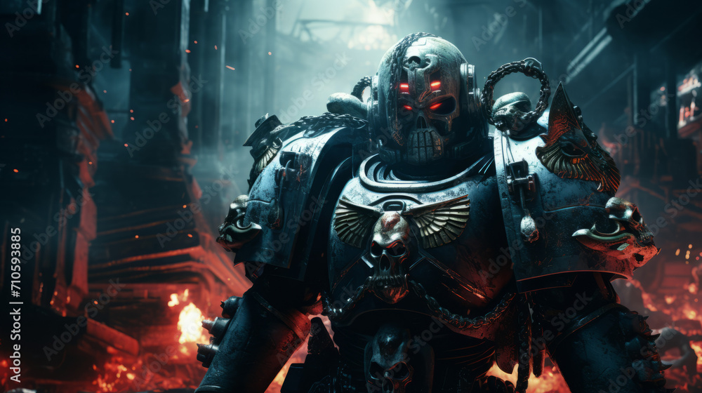 Fototapeta premium Warrior with dark military dress in cyberpunk style, halloween motive